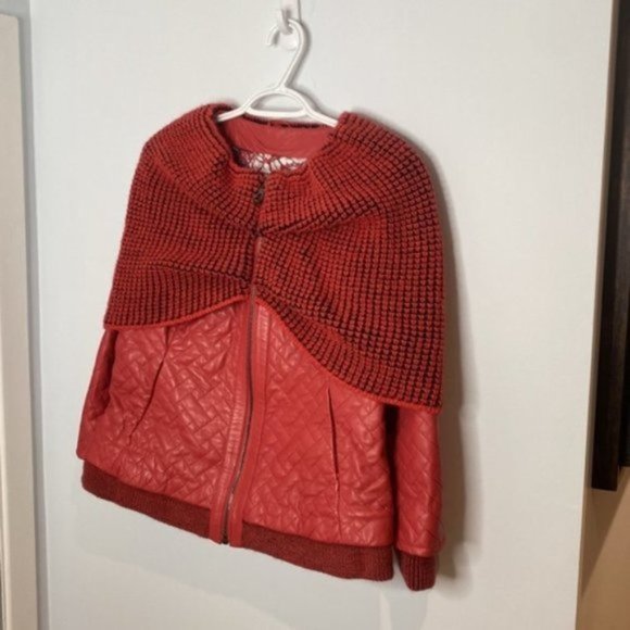 Giorgio Rotti Women Red Knit Scarf Collar Soft Leather Lined Jacket Size Large - Picture 2 of 16